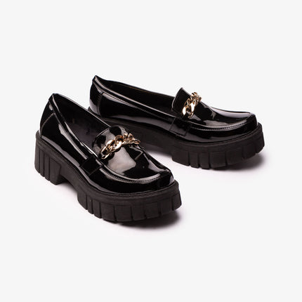 Mocasines Mujer Antalya - Negro Charol Cadena Dorada