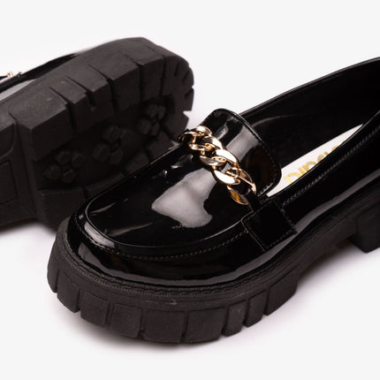 Mocasines Mujer Antalya - Negro Charol Cadena Dorada