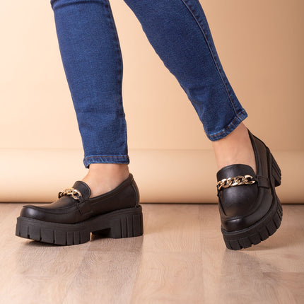 Mocasin Antalya - Negro Cuero Cadena Dorada - Tienda Nébula
