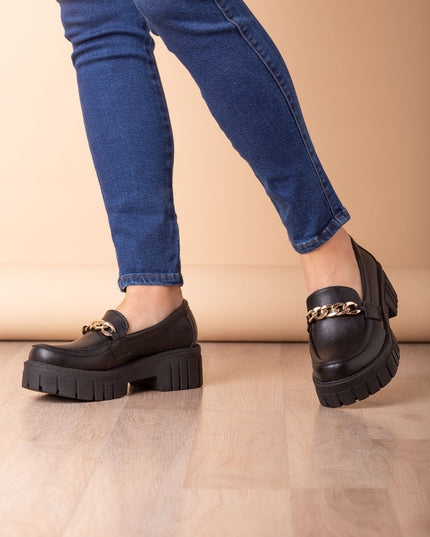 Mocasin Antalya - Negro Cuero Cadena Dorada - Tienda Nébula