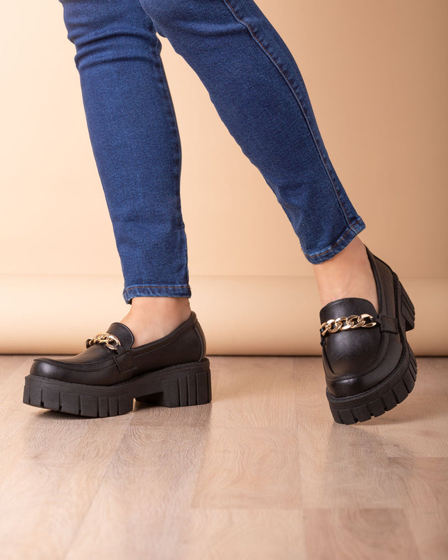 Mocasin Antalya - Negro Cuero Cadena Dorada - Tienda Nébula