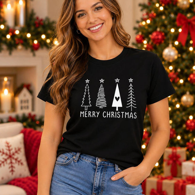 Polo Navideño Mujer - Cuatro Arbolitos con Estrella - Negro