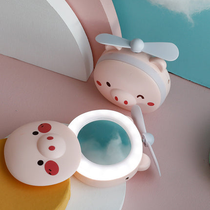 Mini ventilador y espejo de maquillaje con luz LED - Chanchito