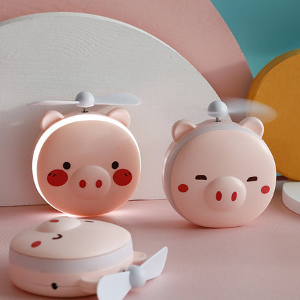 Mini ventilador y espejo de maquillaje con luz LED - Chanchito